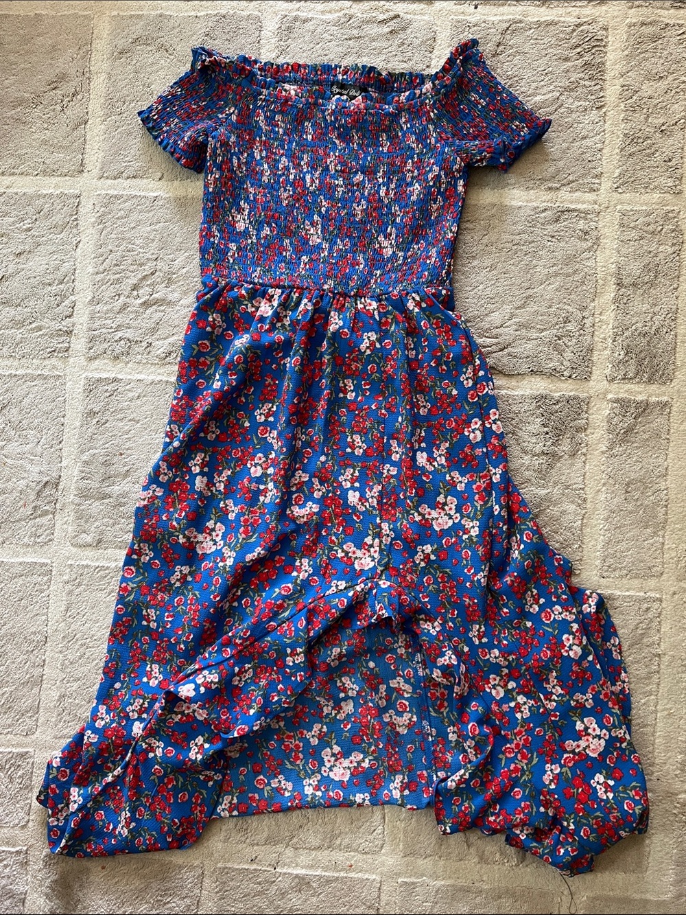 Crystal Doll Blue Floral Off-Shoulder Maxi Dress